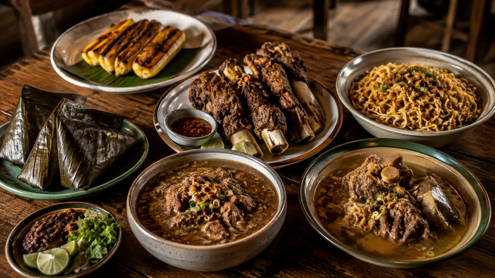 Aneka kuliner khas Makassar tersaji di atas meja makan.