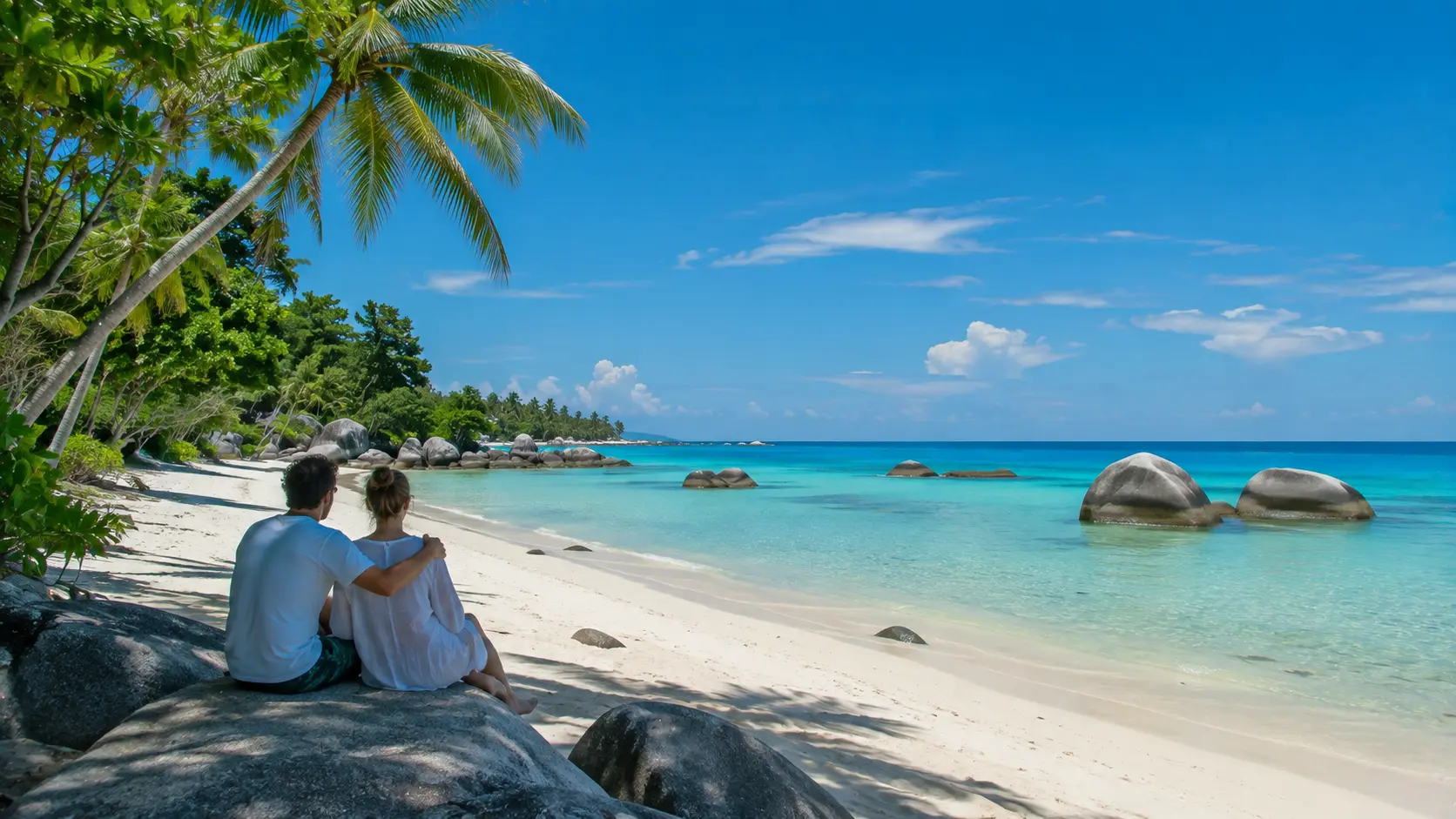 Wisatawan menikmati suasana pantai berpasir putih di Belitung.