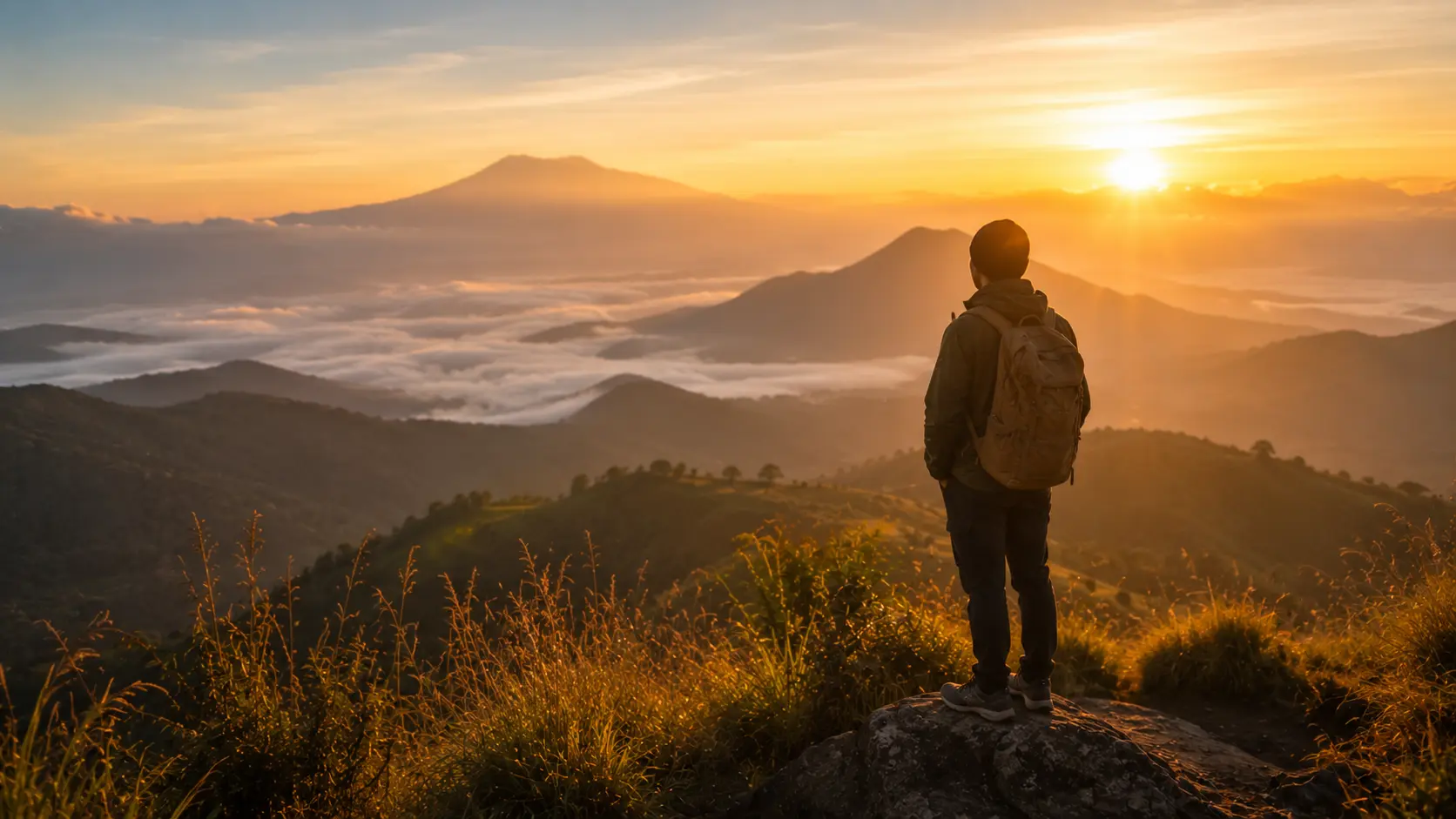 Seorang wisatawan menikmati pemandangan alam saat matahari terbit.