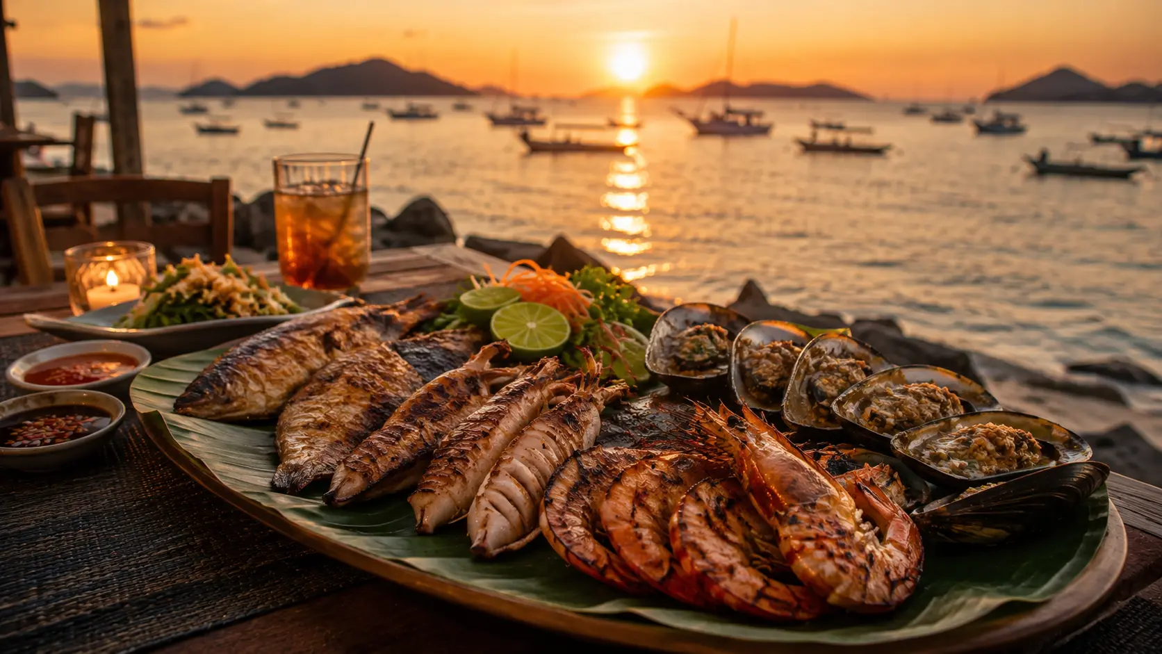 Hidangan seafood segar di restoran tepi laut Labuan Bajo.