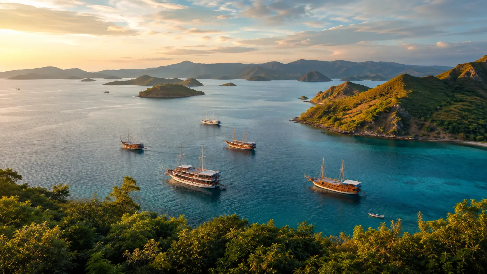 Pemandangan pelabuhan Labuan Bajo dengan kapal phinisi dan pulau-pulau hijau saat matahari mulai terbenam.
