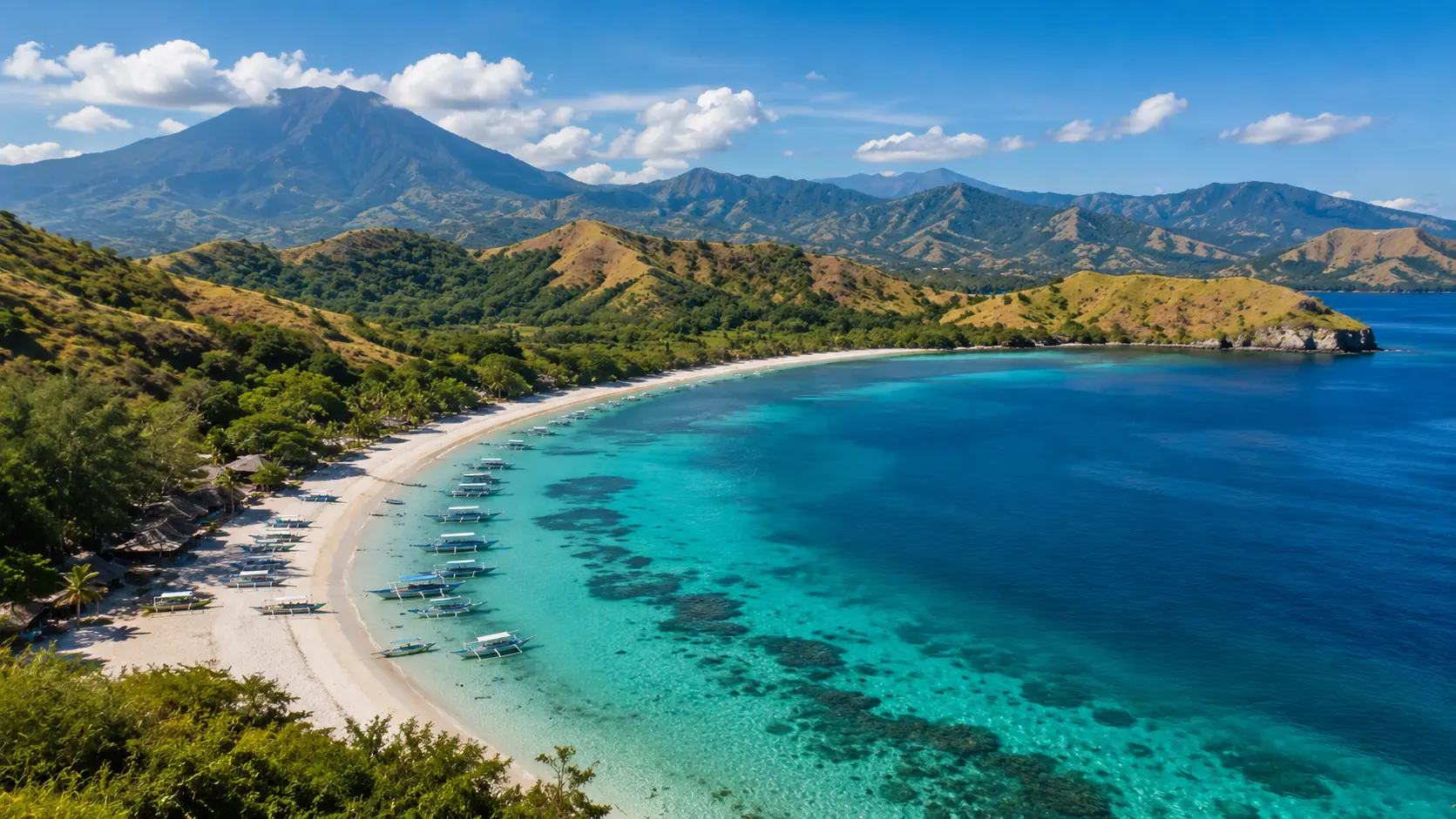 Pemandangan pantai dan perbukitan tropis yang menjadi bagian dari keindahan Pulau Lombok.