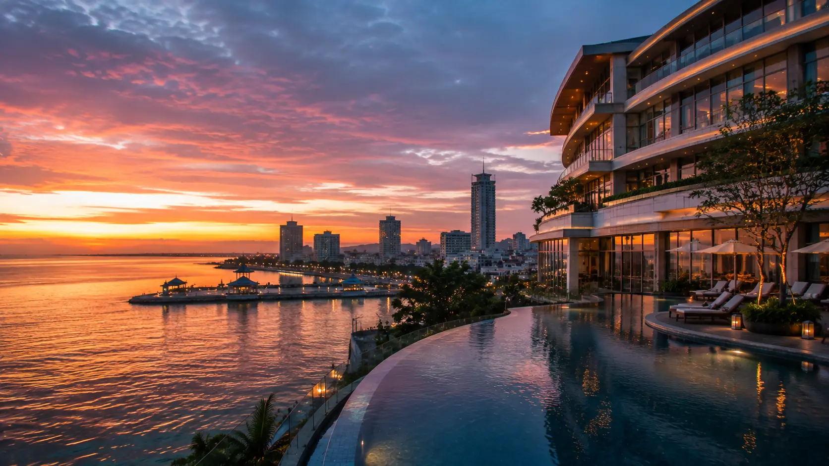 Hotel di Makassar dengan pemandangan laut saat matahari terbenam.