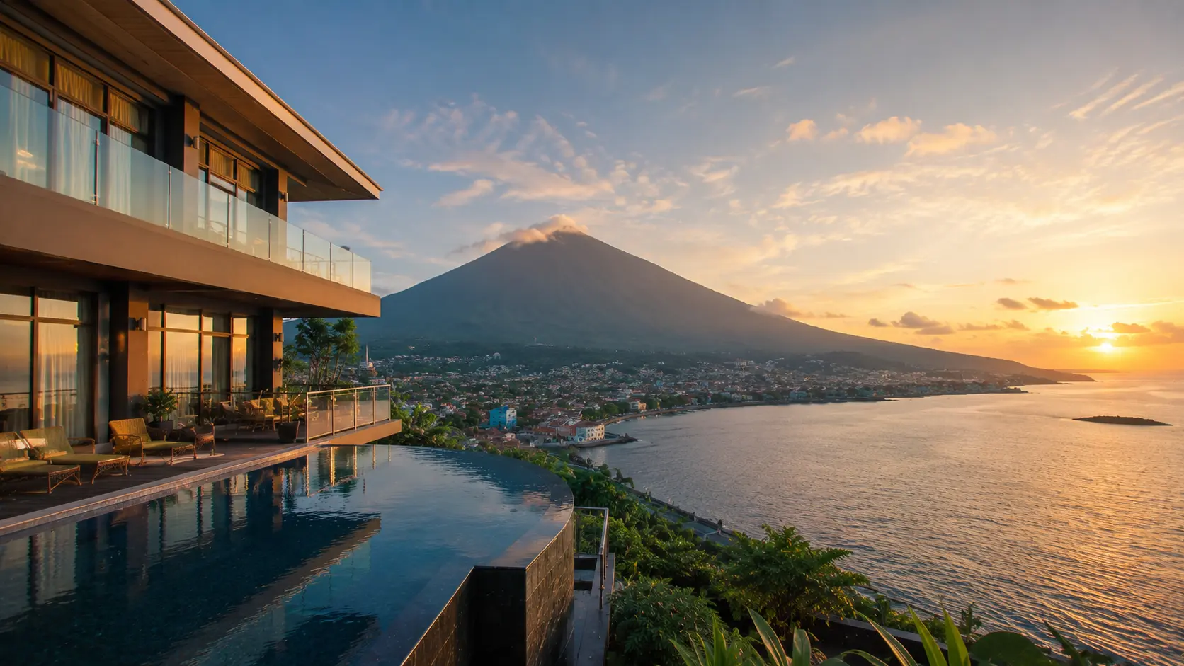 Hotel di Ternate dengan latar Gunung Gamalama dan pemandangan laut.