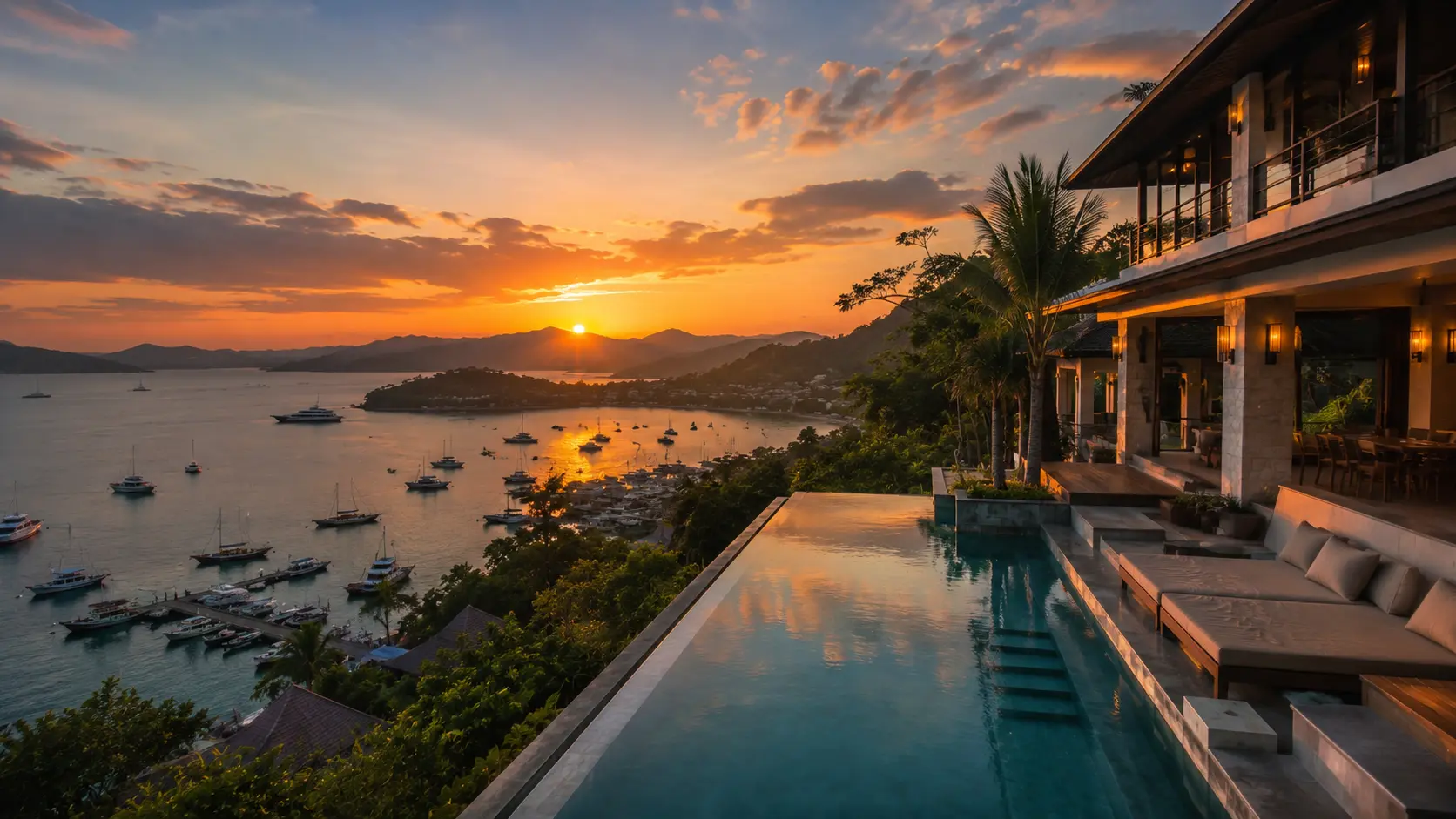 Hotel dengan pemandangan pelabuhan Labuan Bajo saat matahari terbenam.