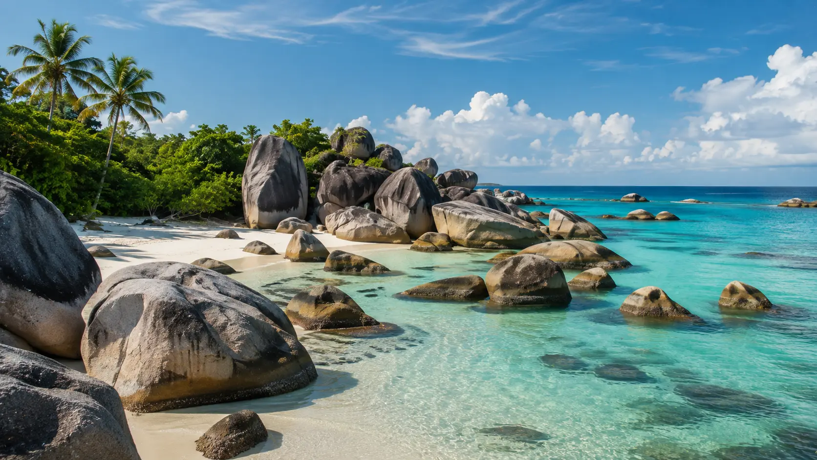 Pantai Tanjung Tinggi di Belitung dengan batu granit raksasa dan laut biru.