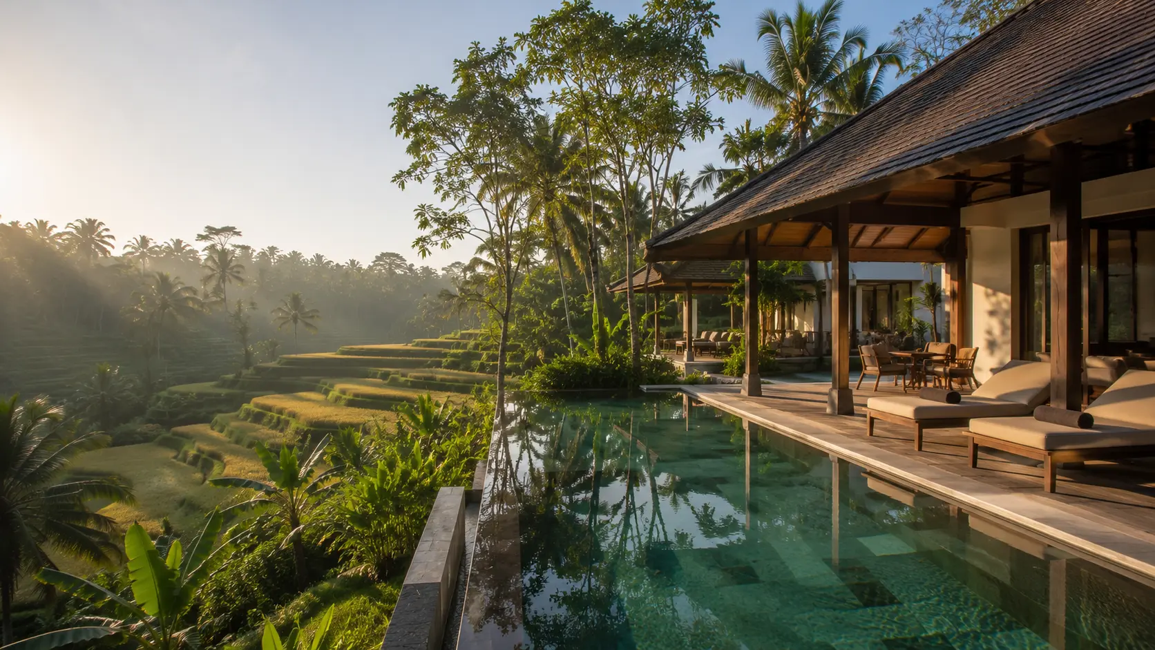 Hotel dengan pemandangan sawah hijau di Ubud, Bali.
