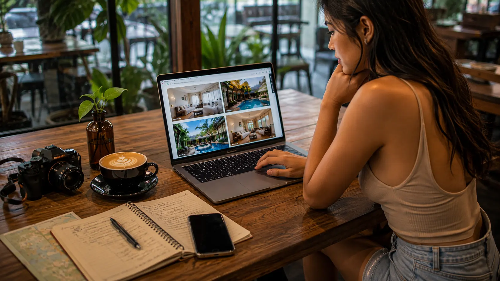 Seseorang membandingkan foto hotel sebelum melakukan pemesanan.