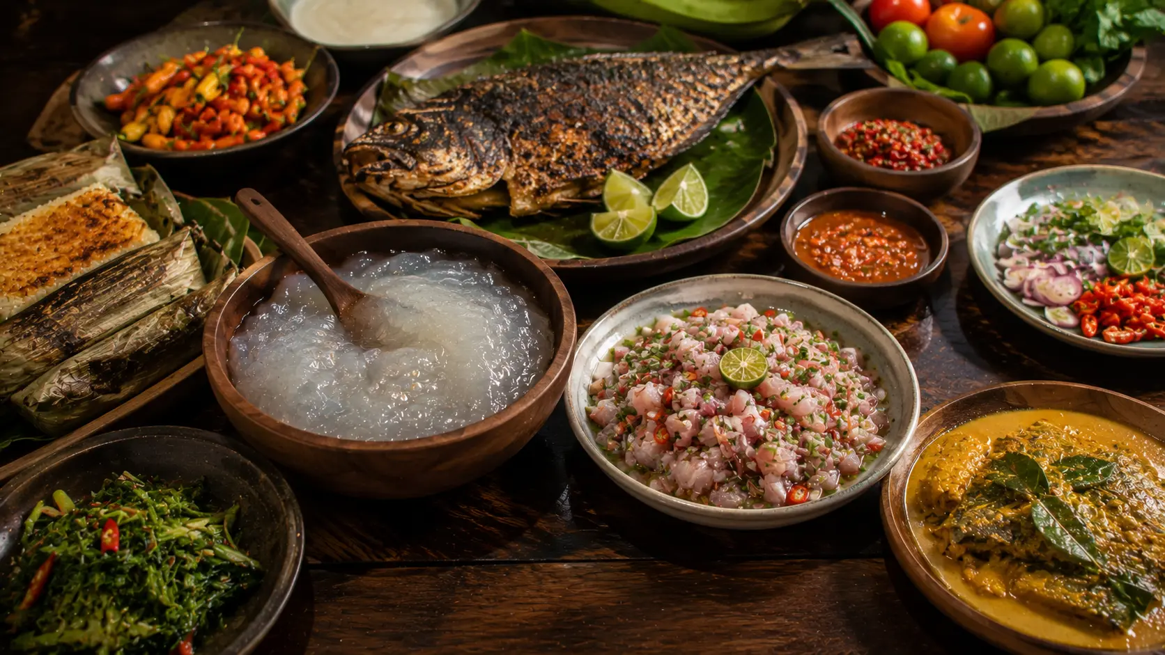 Aneka kuliner tradisional Ternate dengan hidangan laut, sagu, dan rempah.