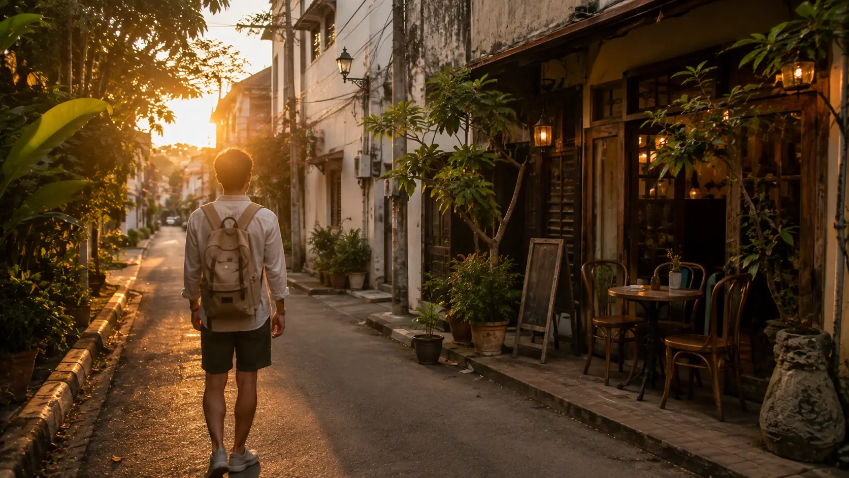 Seorang wisatawan berjalan santai di jalan kecil saat matahari terbenam.