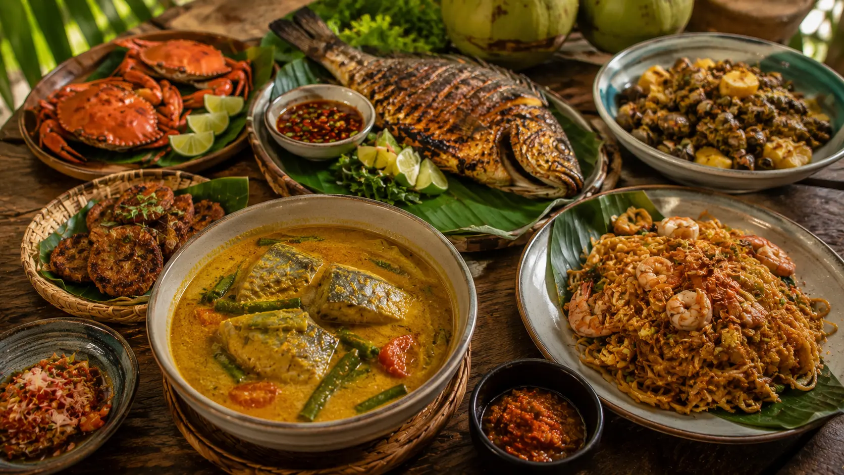 Aneka kuliner khas Belitung disajikan di atas meja makan tradisional.