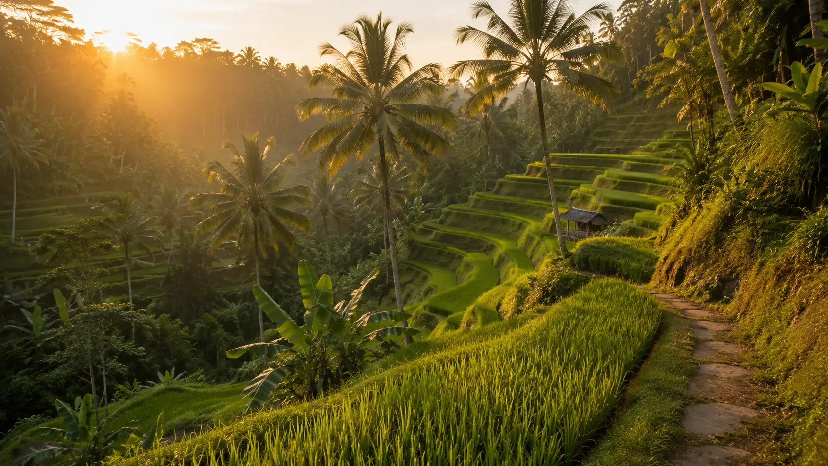Hamparan sawah terasering yang hijau di Ubud, Bali.