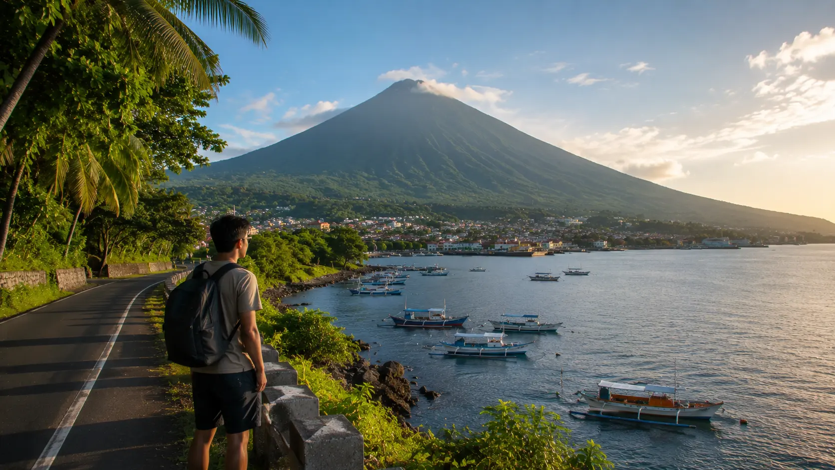 Pemandangan pesisir Ternate dengan Gunung Gamalama di latar belakang.