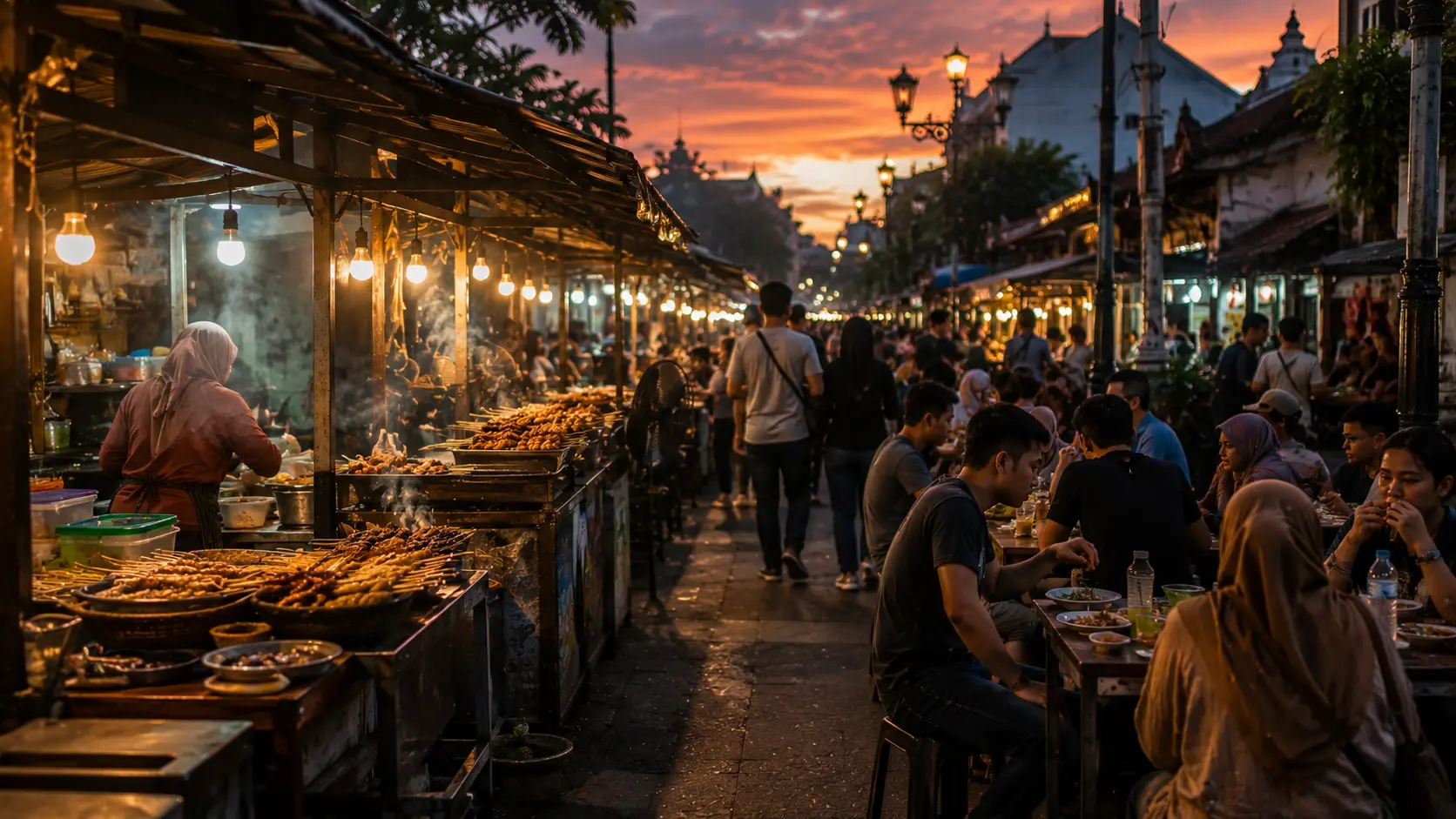Suasana wisata kuliner di sebuah kota di Indonesia pada sore hari.